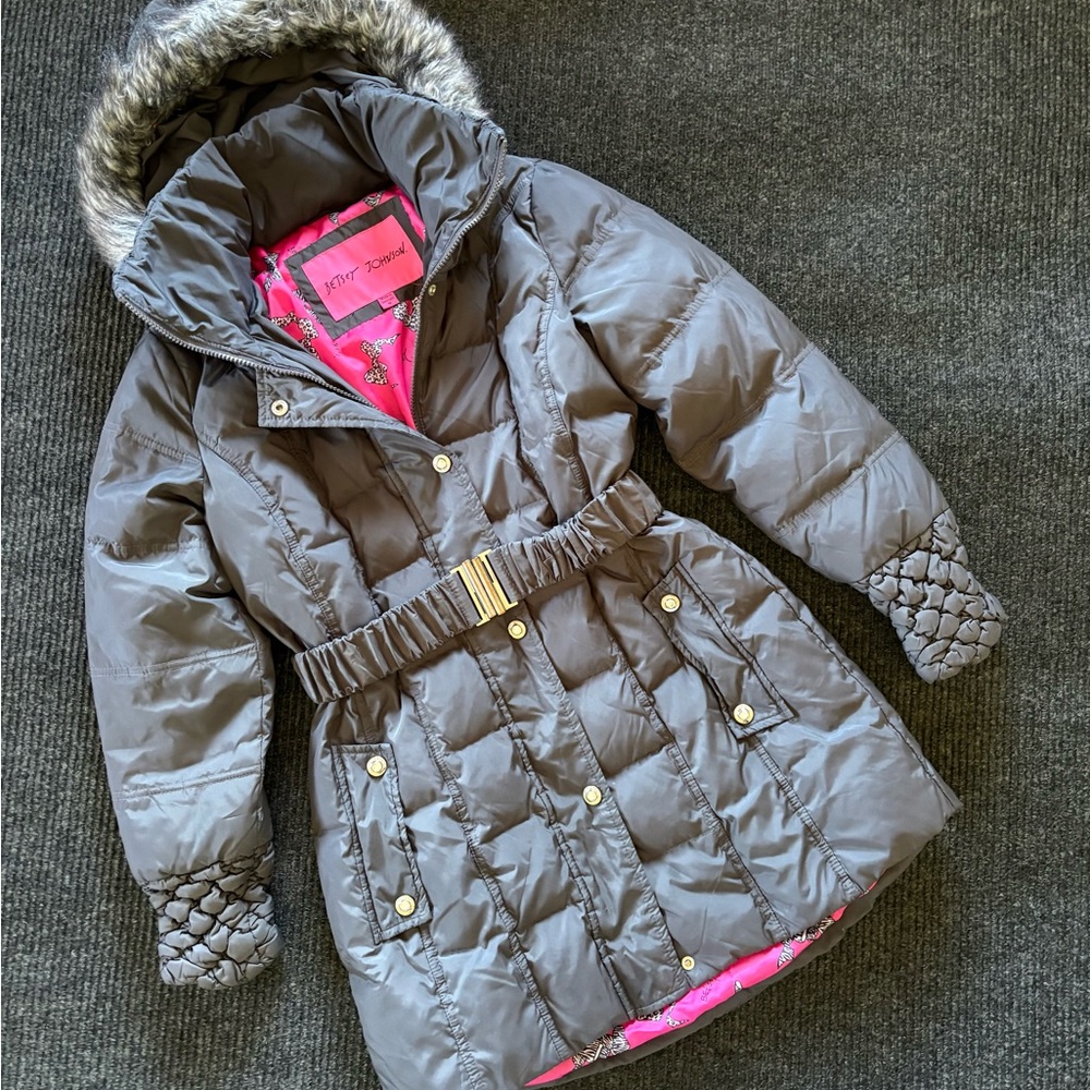 Betsey Johnson Women’s Medium Down Feather Gray Puffer Coat Belt Fur Hood Bow